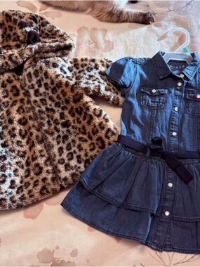 2T Leopard Print Faux Fur Hooded Coat & Denim Dress Set